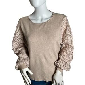 Liv Milano Tan Size XL Embellished Pearls Stretch Round Neck Knit Sweater
